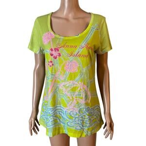 Palm Island Shirt Women’s Medium Green Graphic Anna Maria Island Floral Beach